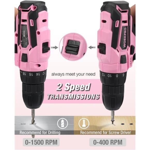Pink Cordless Drill Driver Set, 12V Electric Screwdriver Driver Tool Kit - Picture 5 of 7